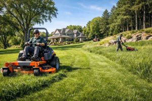 large lawn with a man facing riding a zero turn mower in large green field of lawn